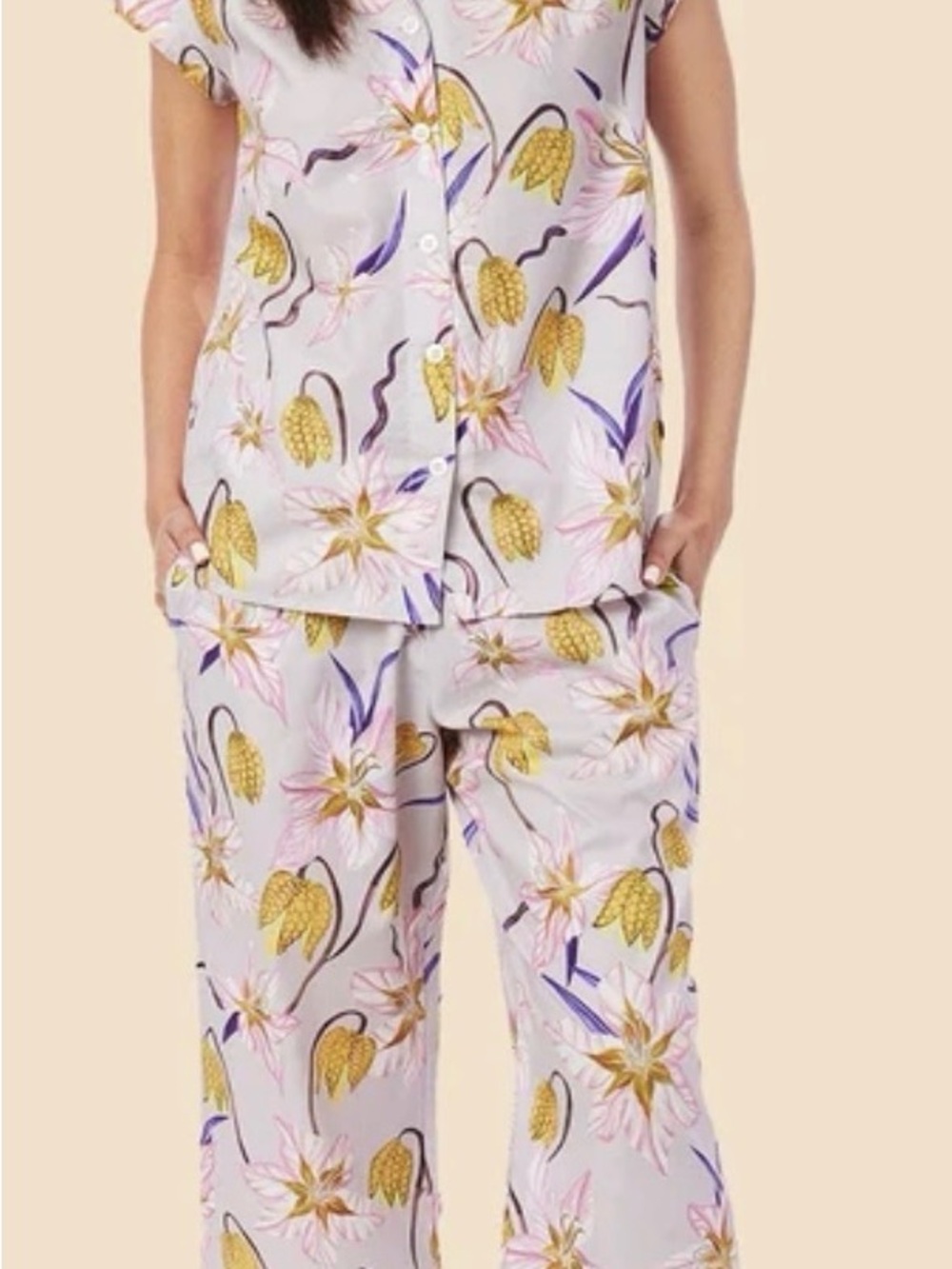 Cat's Pajamas Luxe Pima Capri Floral Button-Down Pajama Set in Lavender